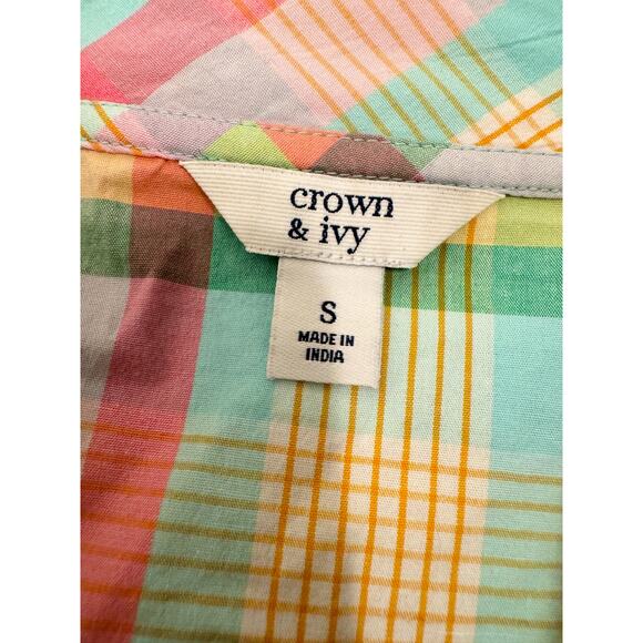 Crown & Ivy Pastel Plaid Ruffle Neck Top Preppy Old Money Classic Spring Summer - Picture 2 of 6